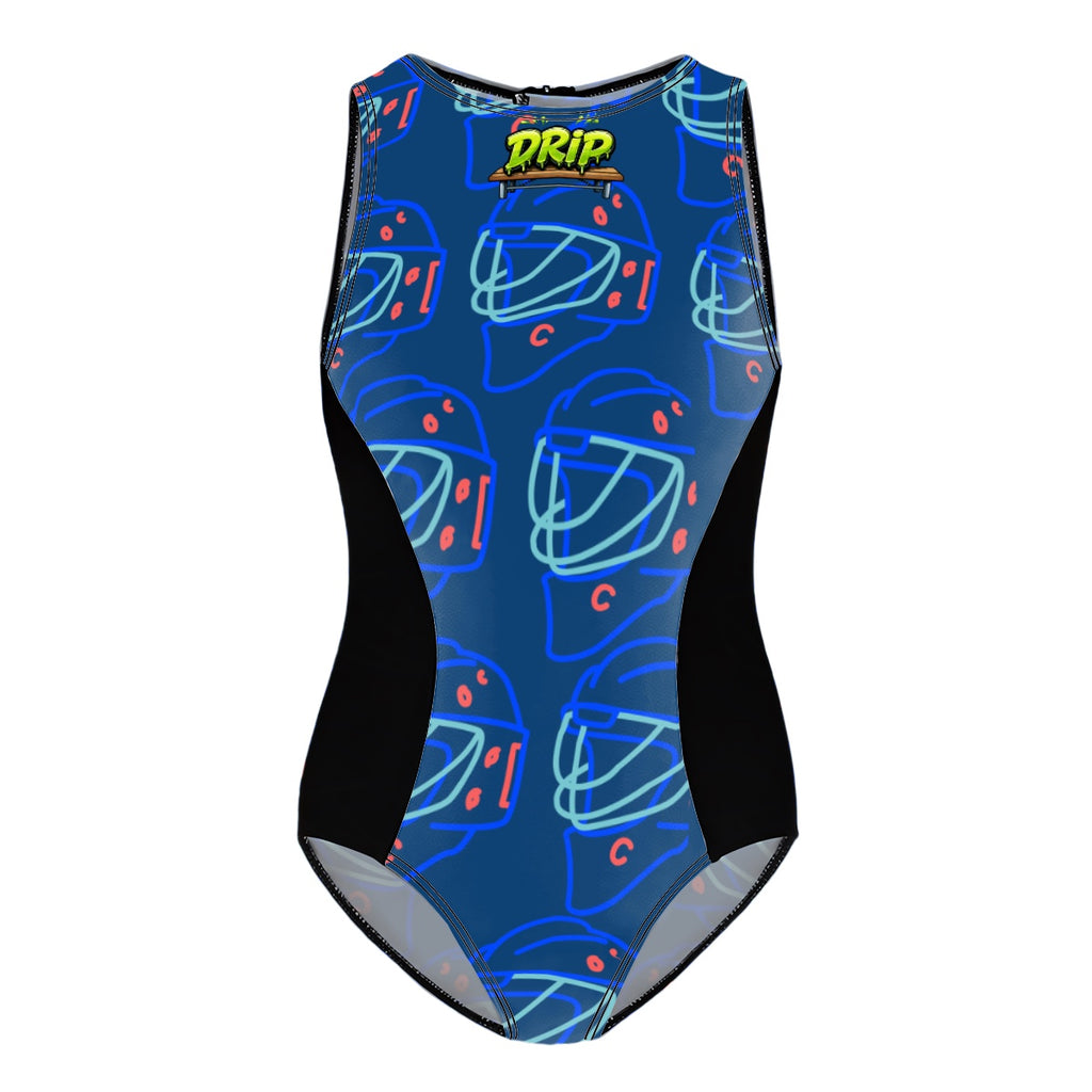 Girls One Piece Swimsuits - Goalie Helmet Sketch Midnight