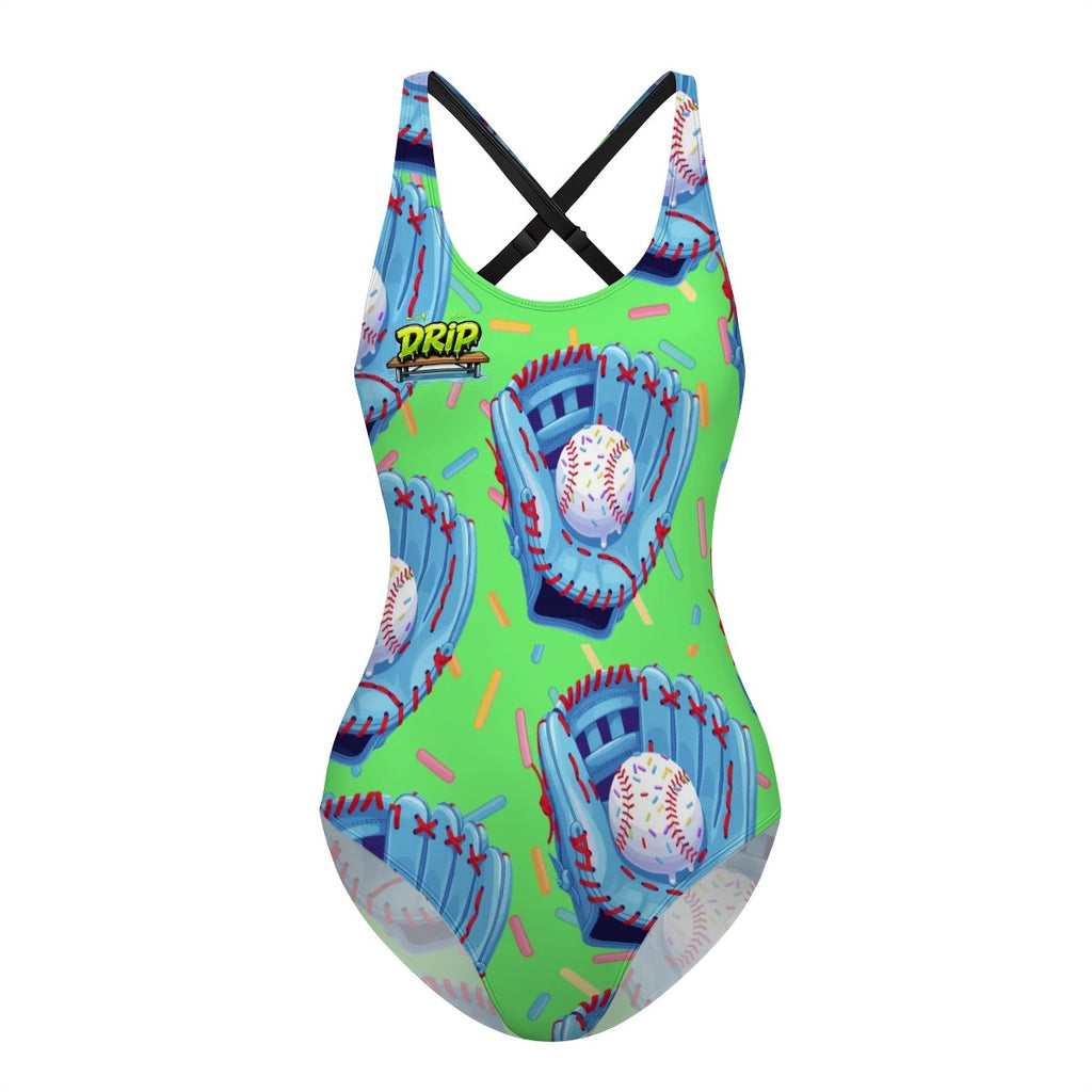Cross-Back One Piece Swimsuit Women - Baseball Sprinkles Drip Hot Green