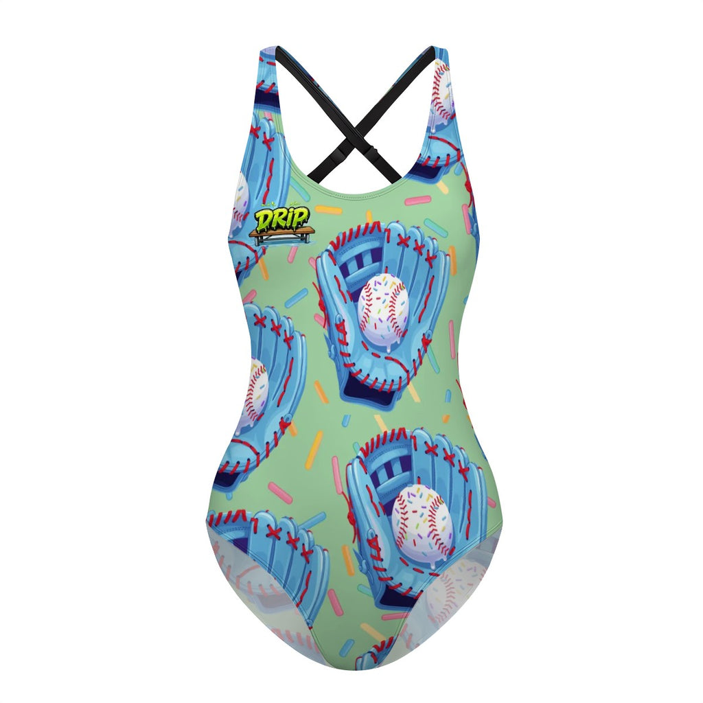 Cross-Back One Piece Swimsuit Women - Baseball Sprinkles Drip Mint Green