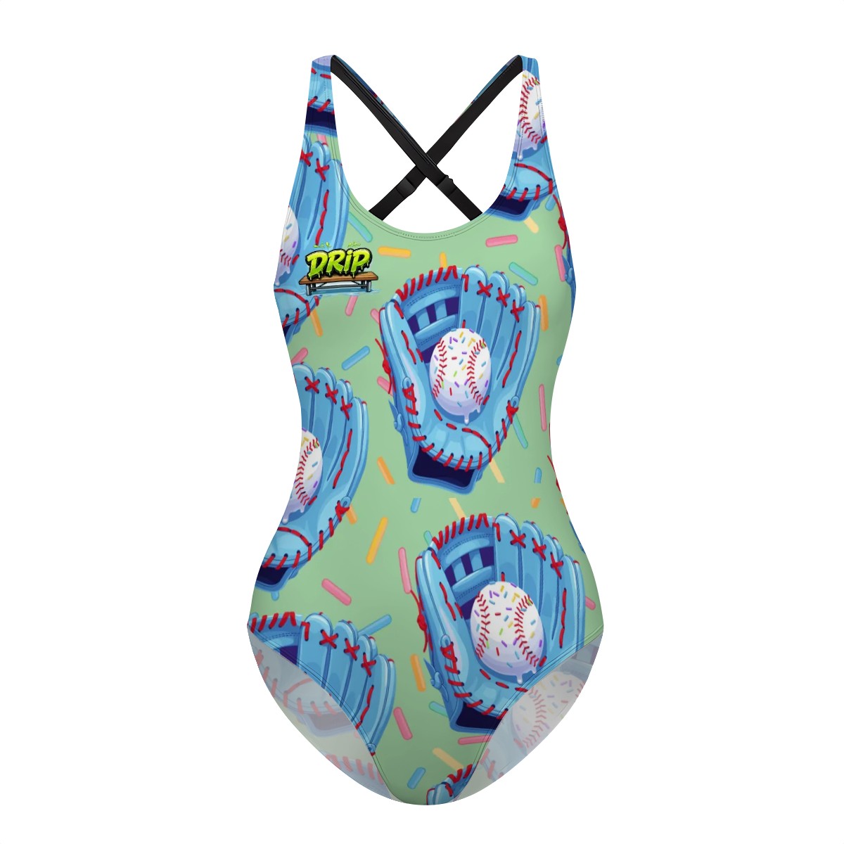 Cross-Back One Piece Swimsuit Women - Baseball Sprinkles Drip Mint Green