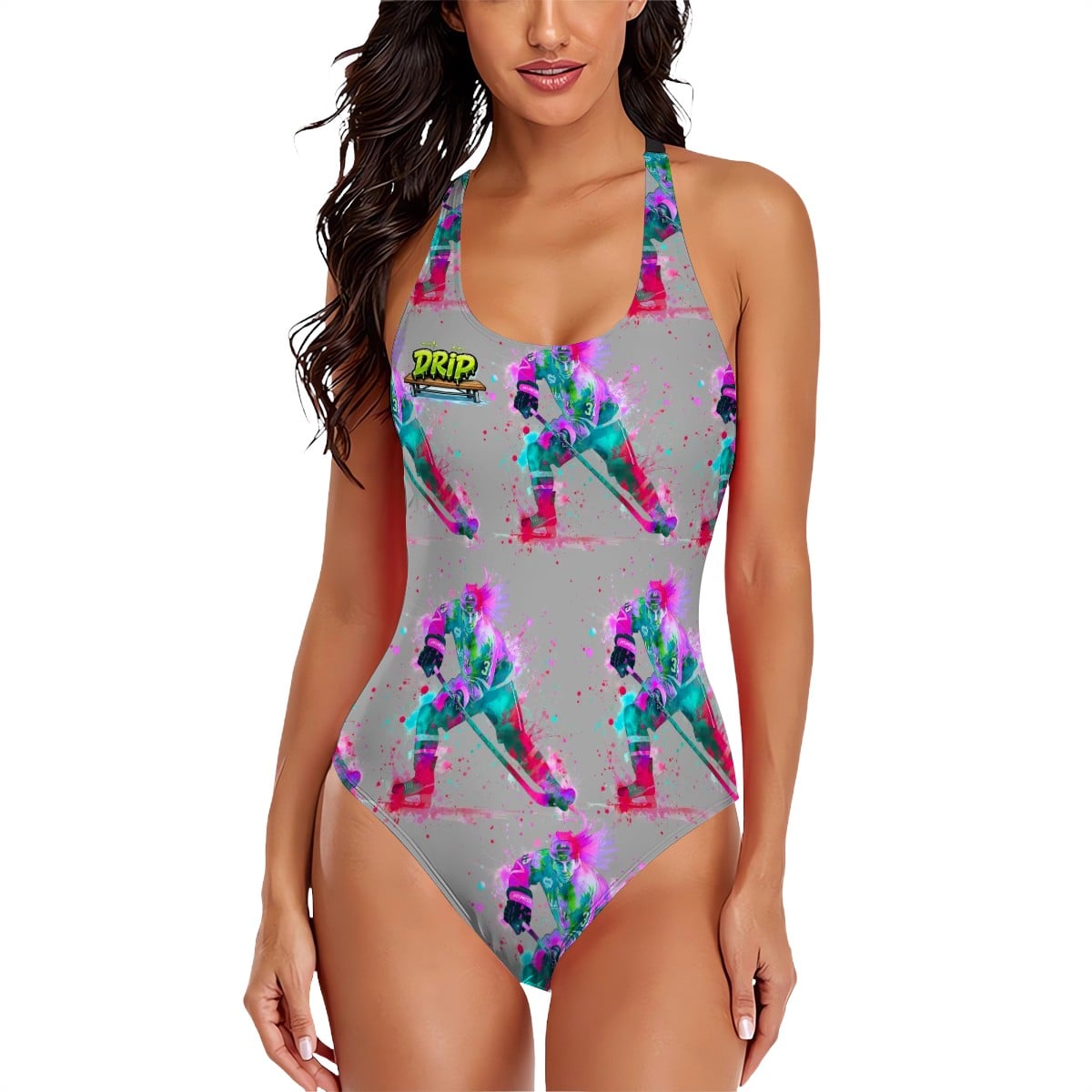 Cross-Back One Piece Swimsuit Women - Hockey Drip Flo Grey