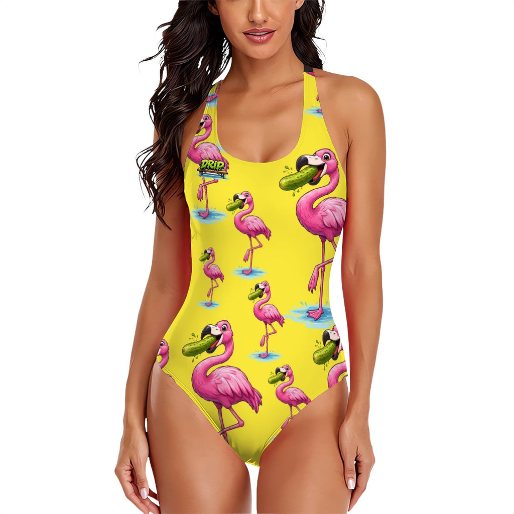 Cross-Back One Piece Swimsuit Women - Flamingo Pickle Yellow