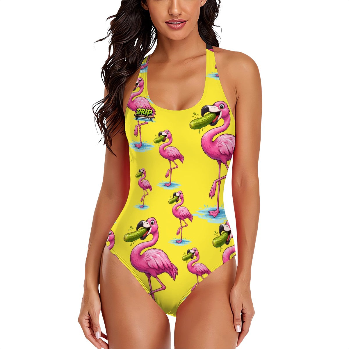 Cross-Back One Piece Swimsuit Women - Flamingo Pickle Yellow