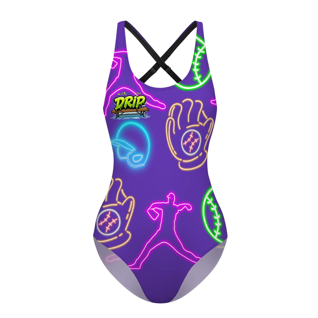 Cross-Back One Piece Swimsuit Women - Purple Neon Lights
