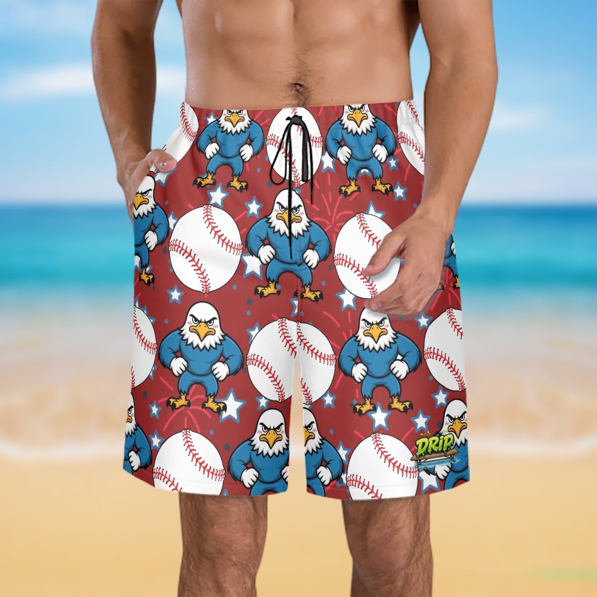 Men/Teen Swim Shorts - Stars and Strikes Classic Red