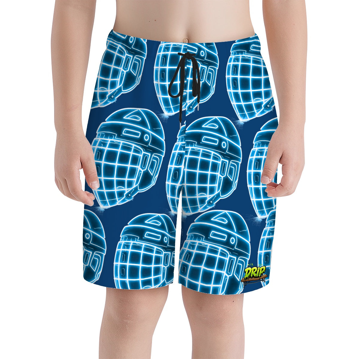 Youth Swim Shorts - Hockey Helmet Neon Blue Midnight