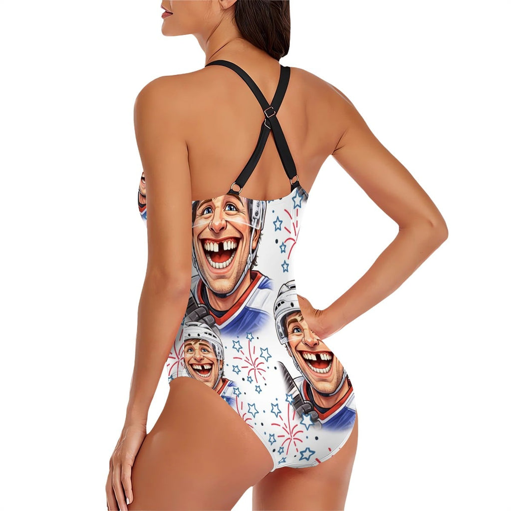 Cross-Back One Piece Swimsuit Women - Red, White and Tooth