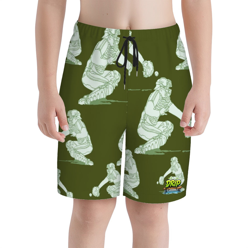Youth Swim Shorts - Baseball Catcher Army Green
