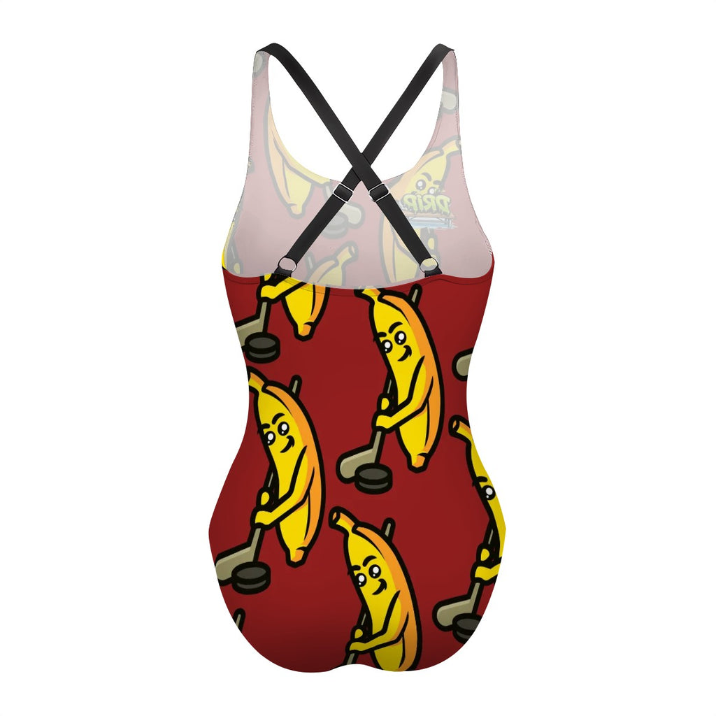 Cross-Back One Piece Swimsuit Women - Bananas about Hockey Classic Red