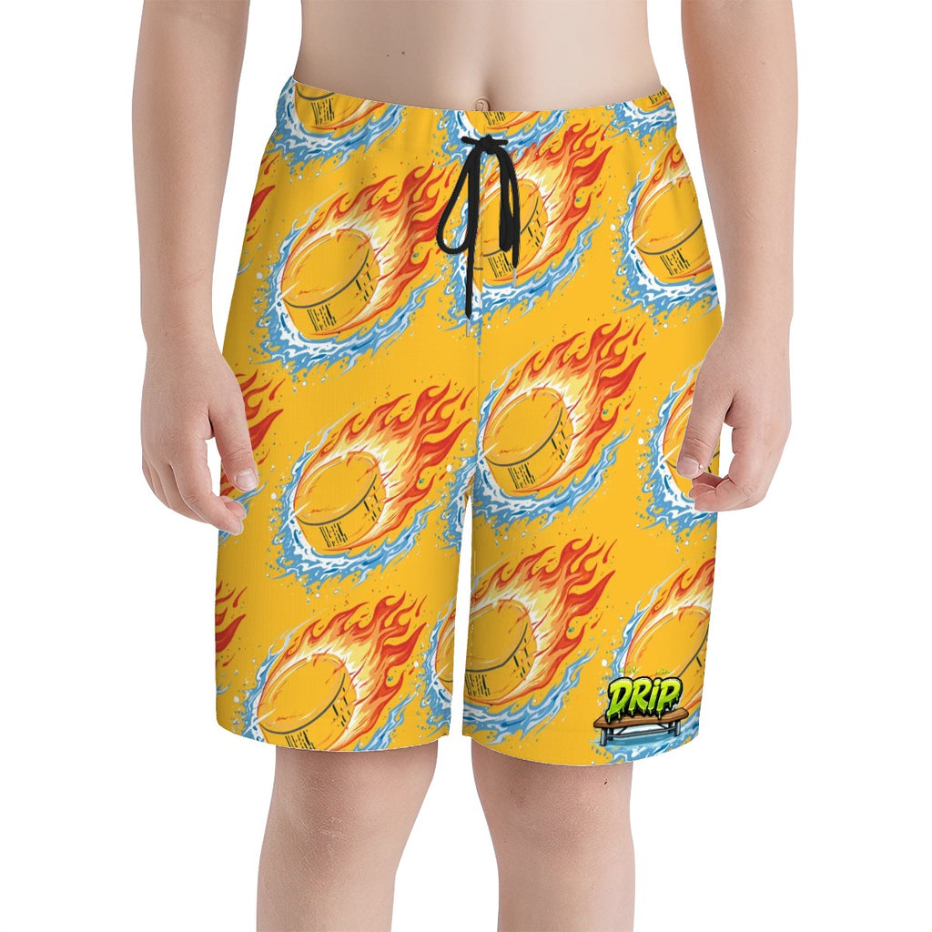 Youth Swim Shorts - Flamin Hockey Pucks Gold