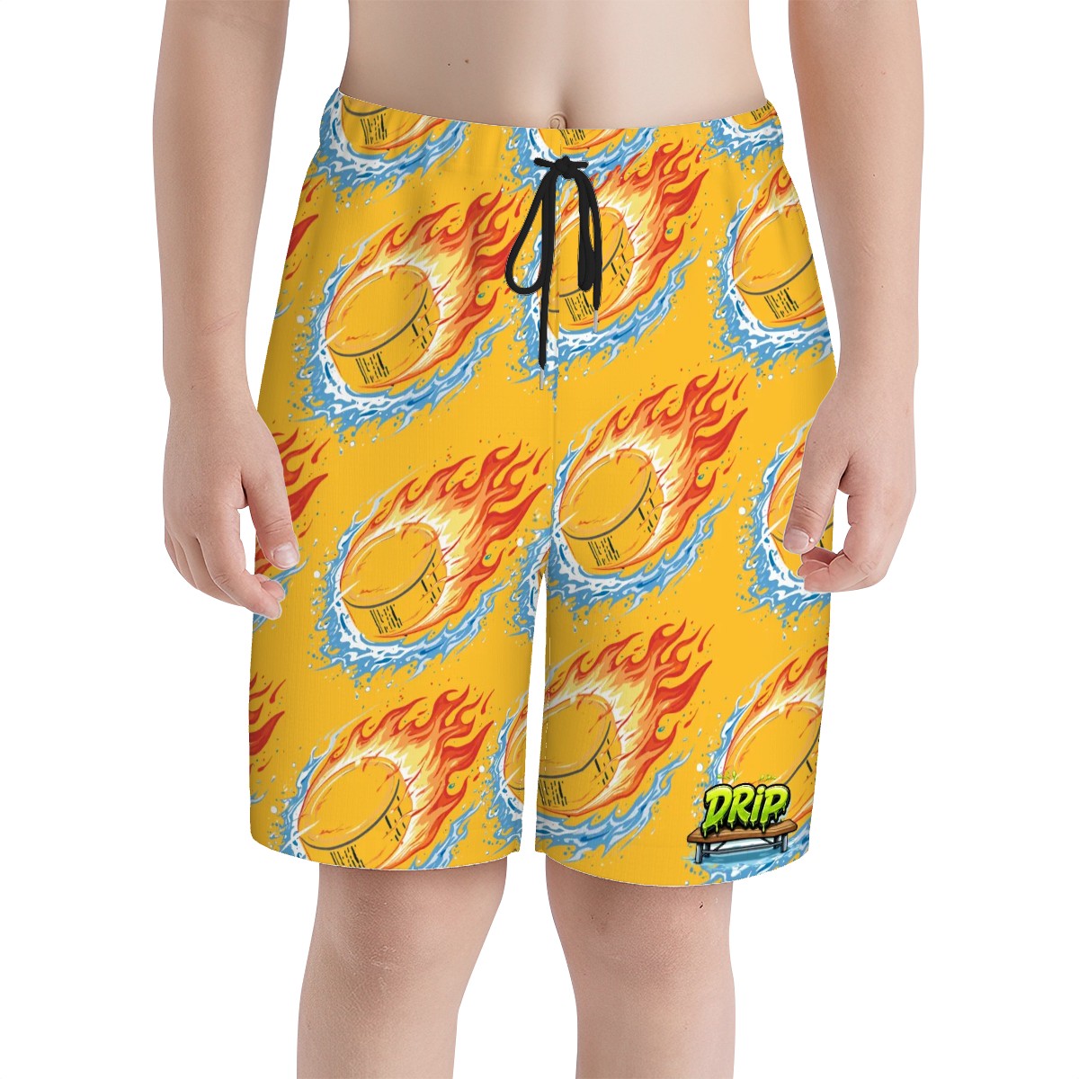 Youth Swim Shorts - Flamin Hockey Pucks Gold