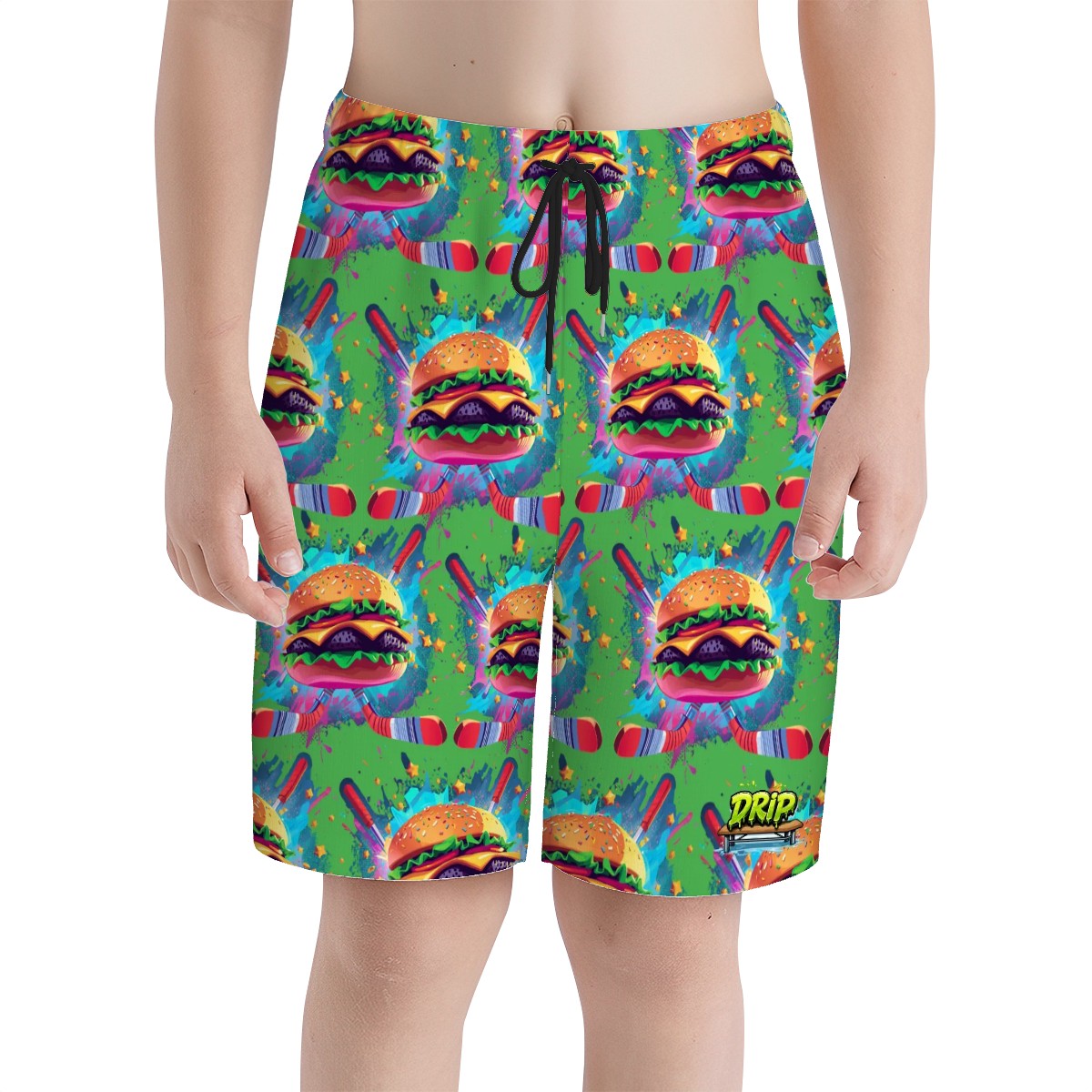Youth Swim Shorts - Cheeseburger and Hockey Sauce Green