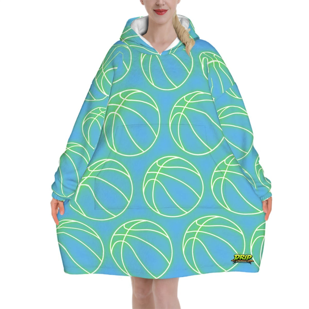 Adult Blanket Sweatshirt - Neon Basketballs Blue