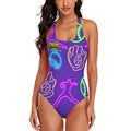 Cross-Back One Piece Swimsuit Women - Purple Neon Lights