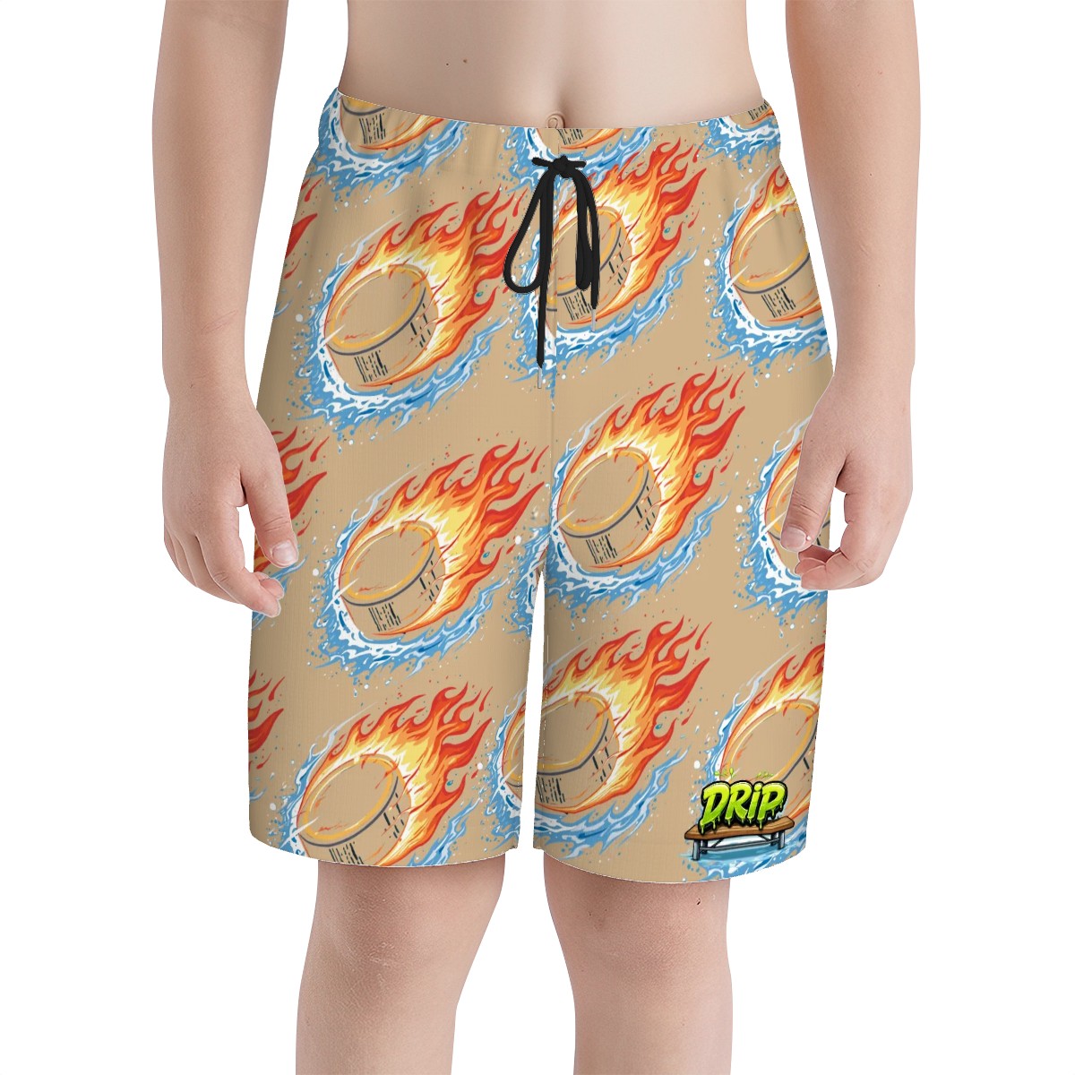 Youth Swim Shorts - Flamin Hockey Pucks Beige