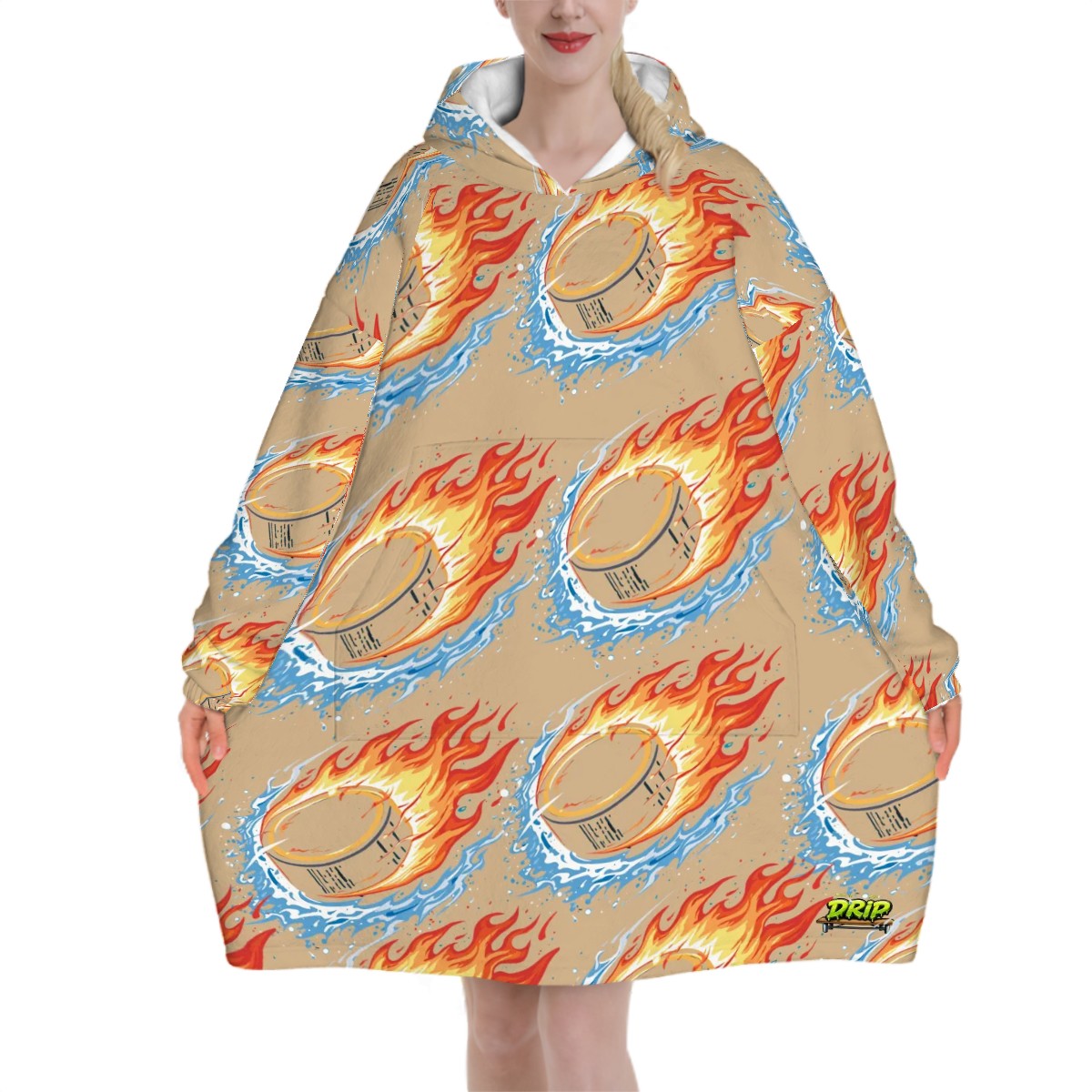 Adult Blanket Sweatshirt - Flamin Hockey Pucks Beige