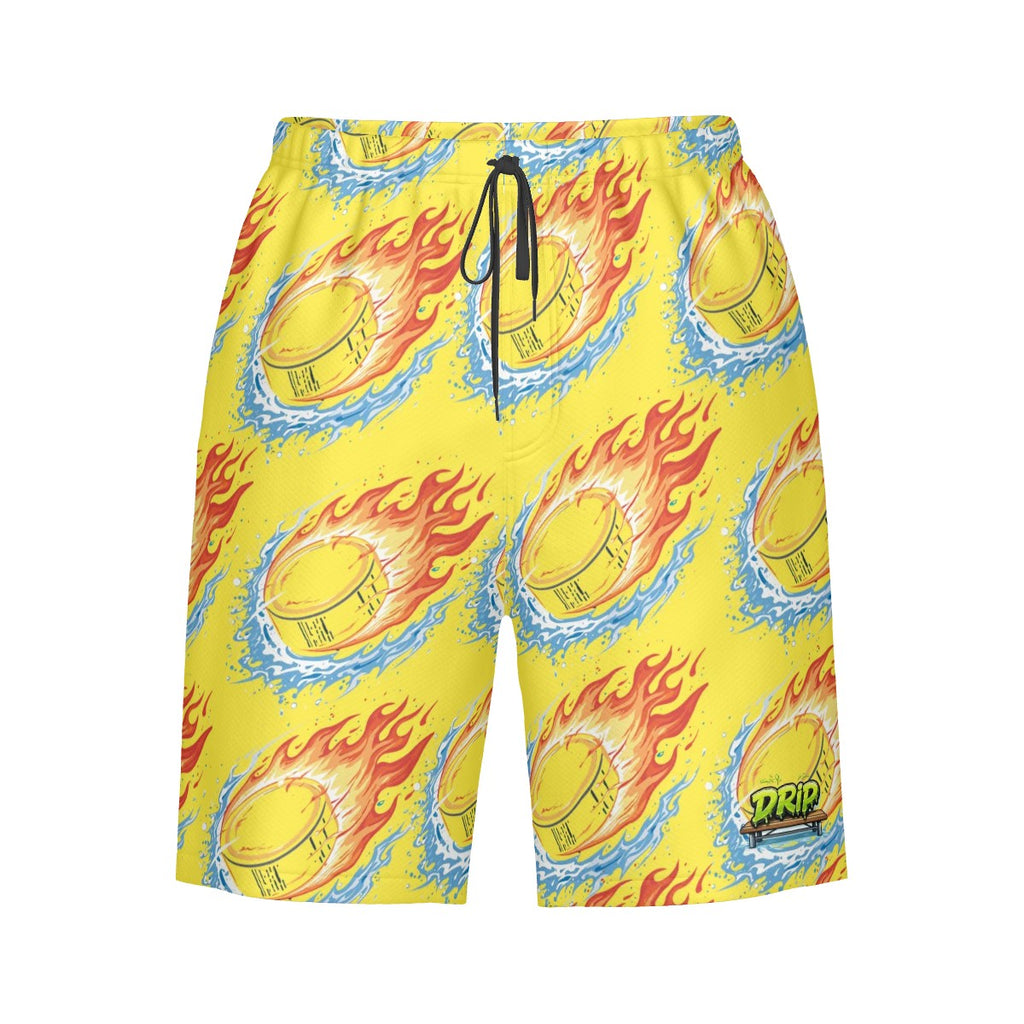 Men/Teen Swim Shorts - Flamin Hockey Pucks Yellow