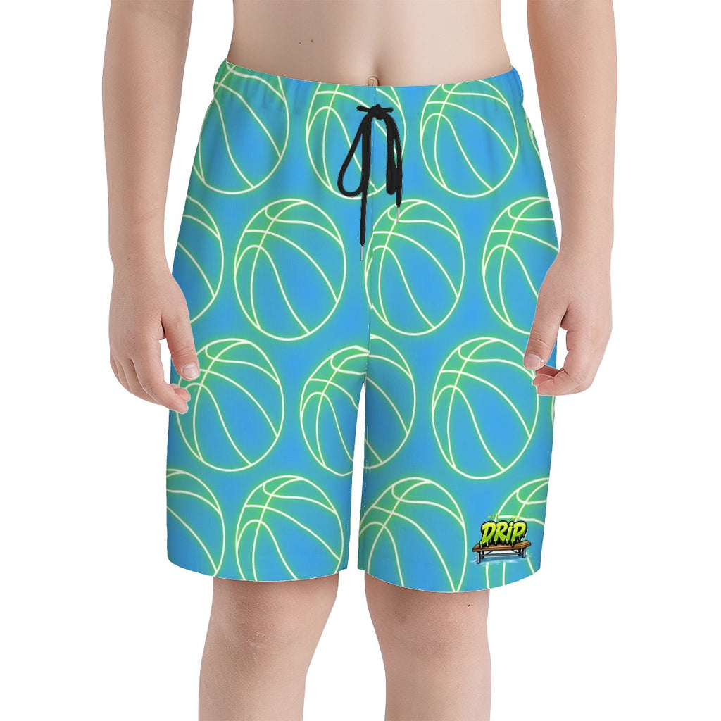Youth Swim Shorts - Neon Basketballs Blue