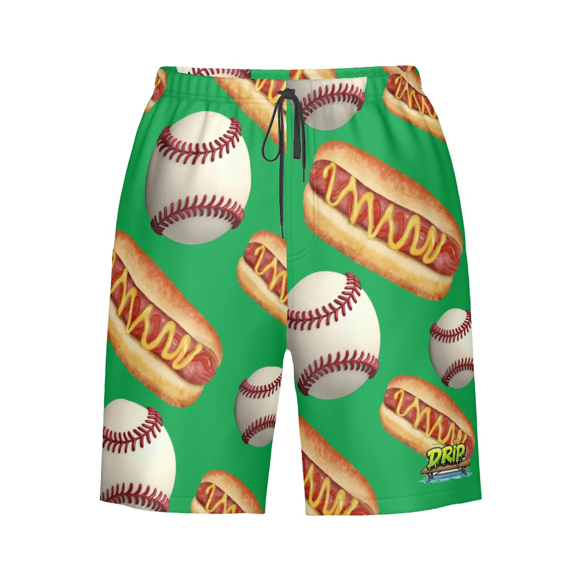 Men/Teen Swim Shorts - Baseballs and Hotdogs Green