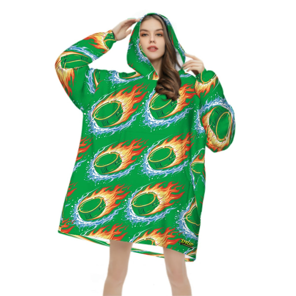 Adult Blanket Sweatshirt - Flamin Hockey Pucks Classic Green