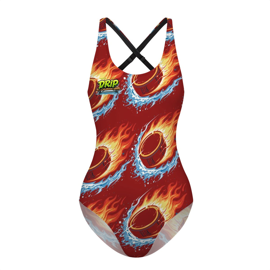 Cross-Back One Piece Swimsuit Women - Flamin Hockey Pucks Classic Red