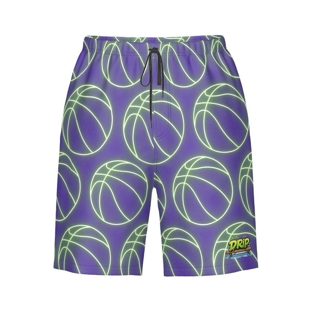 Men/Teen Swim Shorts - Neon Green Basketballs Purple