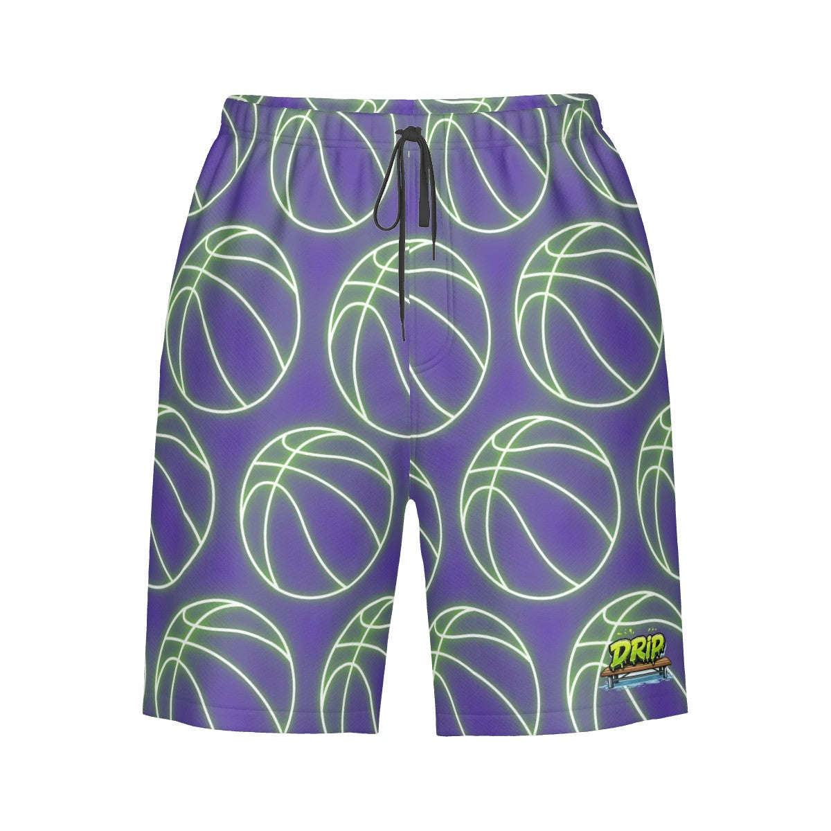 Men/Teen Swim Shorts - Neon Green Basketballs Purple