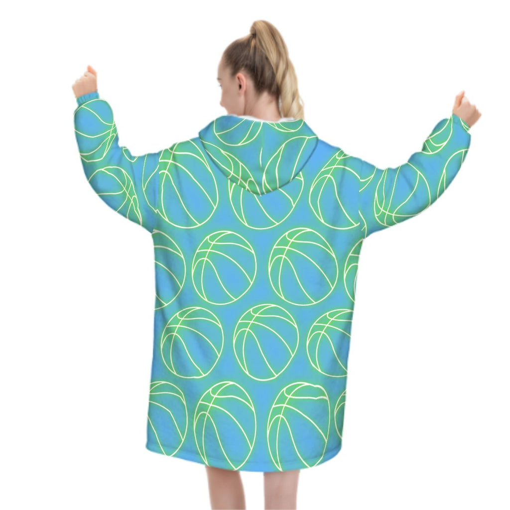 Adult Blanket Sweatshirt - Neon Basketballs Blue