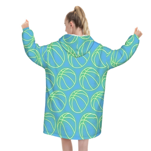 Adult Blanket Sweatshirt - Neon Basketballs Blue