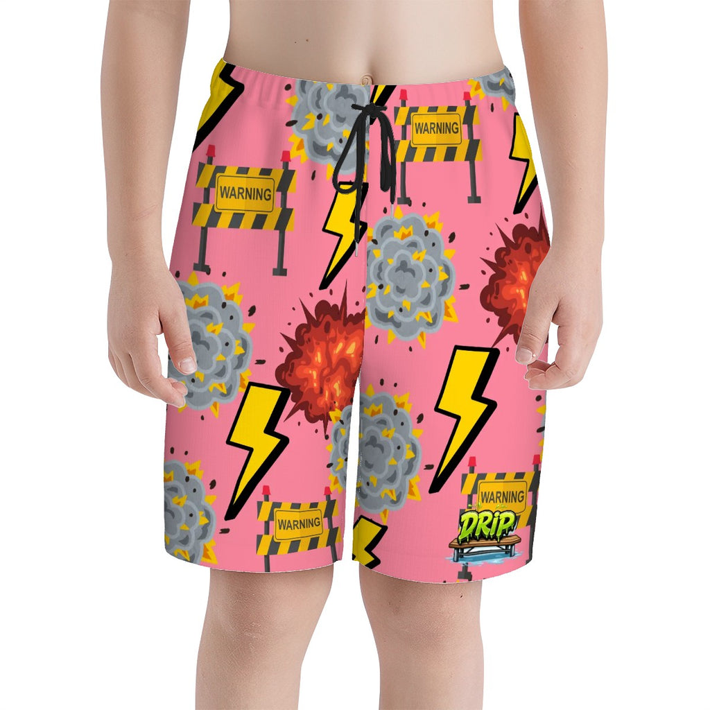 Youth Swim Shorts - I Come With a Warning Label Pink
