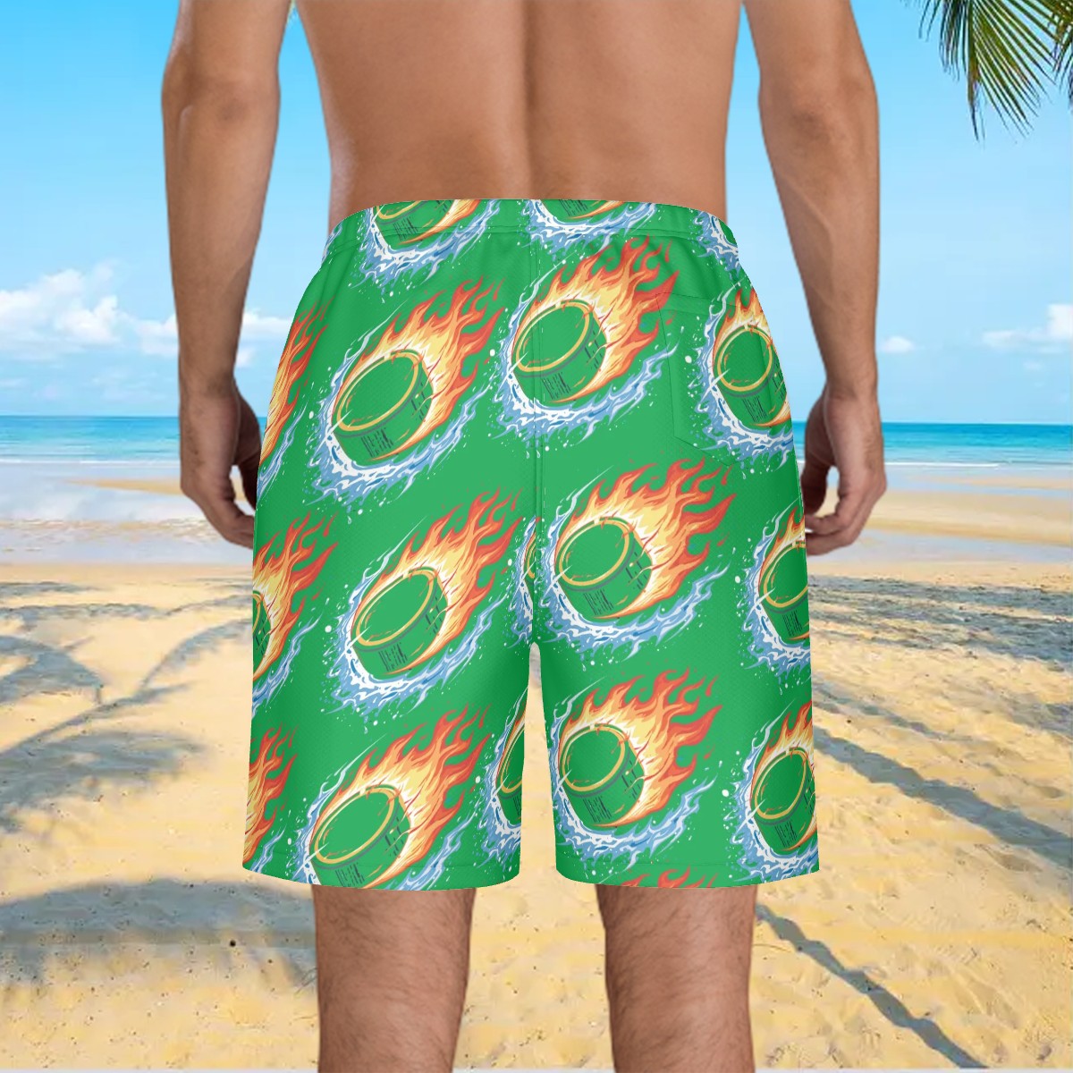 Men/Teen Swim Shorts - Flamin Hockey Pucks Green
