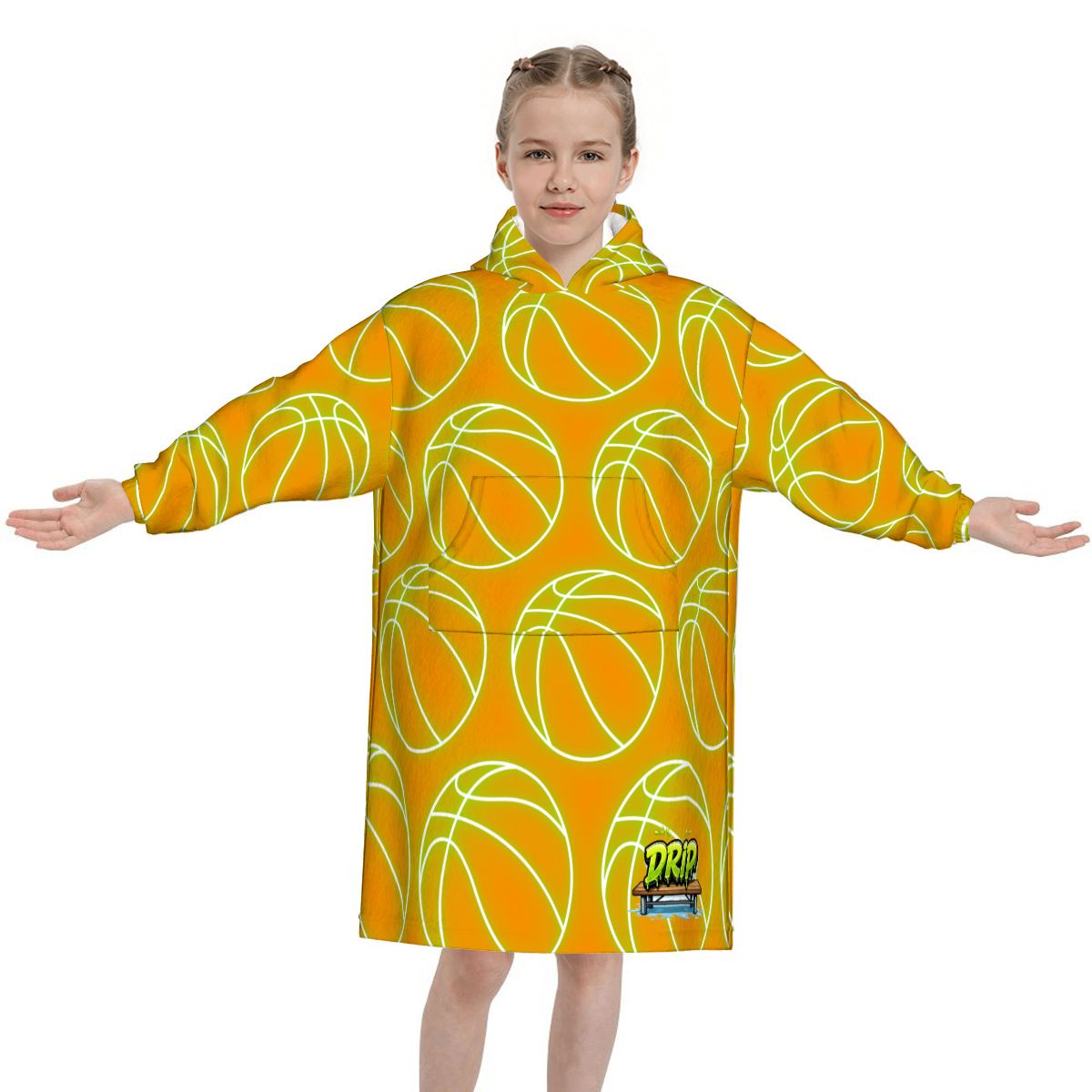 Youth Blanket Sweatshirt - Neon Green Basketballs Orange
