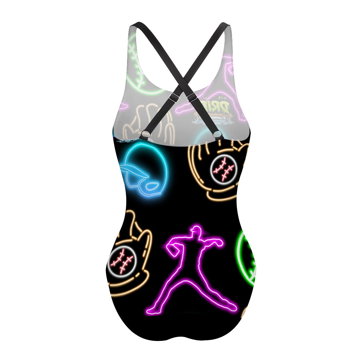 Cross-Back One Piece Swimsuit Women - Black Neon Lights