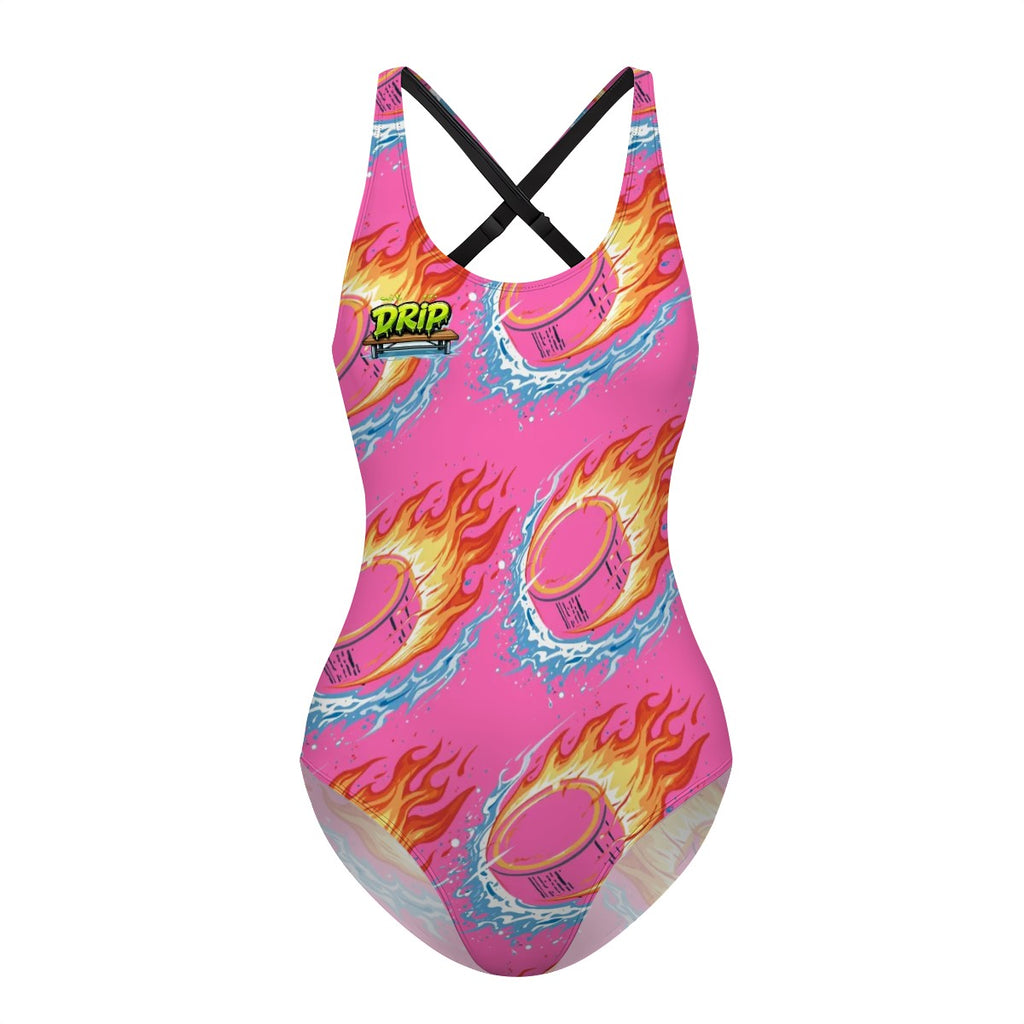 Cross-Back One Piece Swimsuit Women - Flamin Hockey Pucks Hot Pink