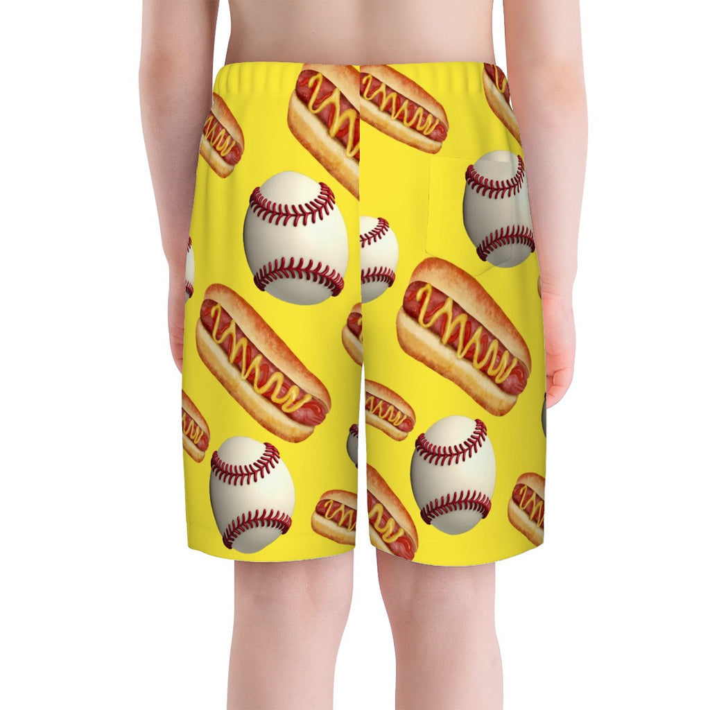 Youth Swim Shorts - Baseball and Hotdogs Yellow