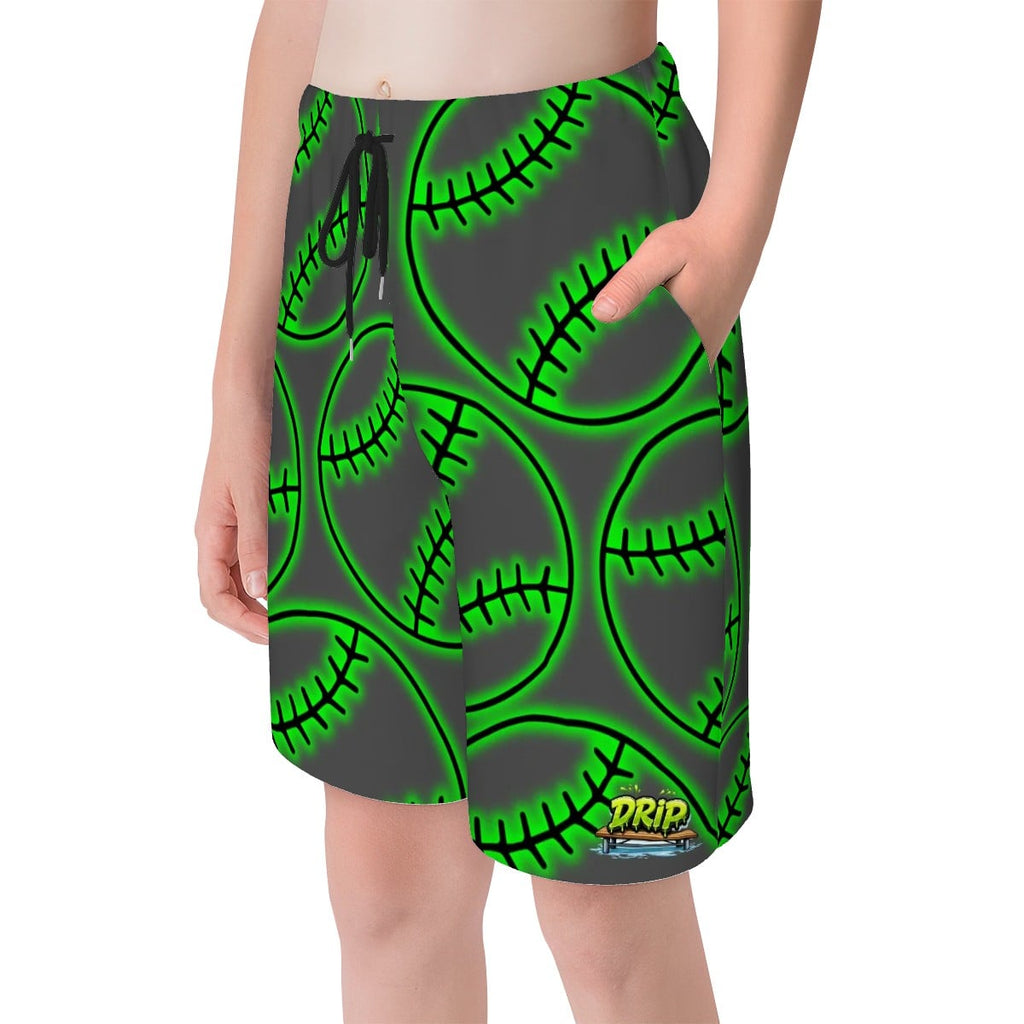 Youth Swim Shorts - Neon Green Baseballs Charcoal