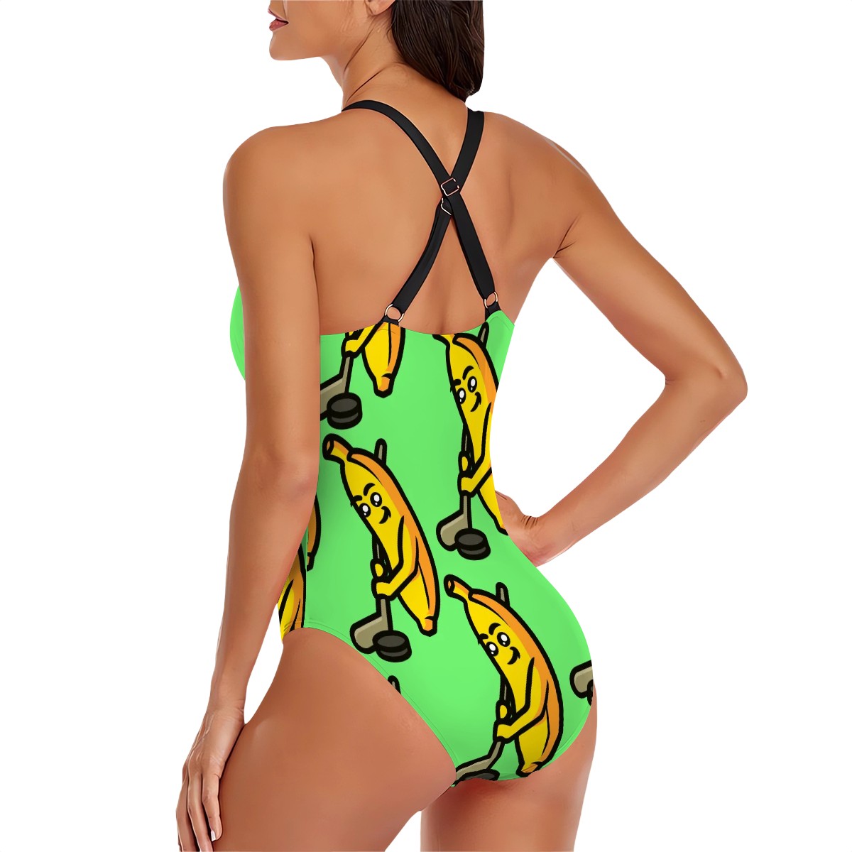 Cross-Back One Piece Swimsuit Women - Bananas about Hockey Hot Green