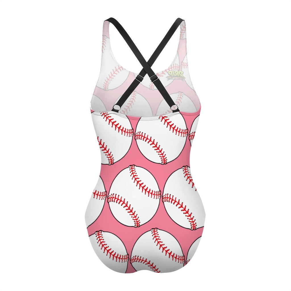 Cross-Back One Piece Swimsuit Women - Classic Baseball Pink