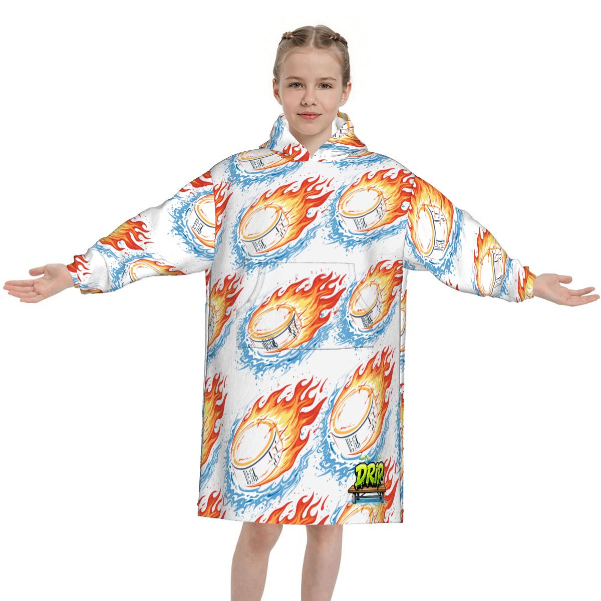 Youth Blanket Sweatshirt - Flamin Hockey Pucks White