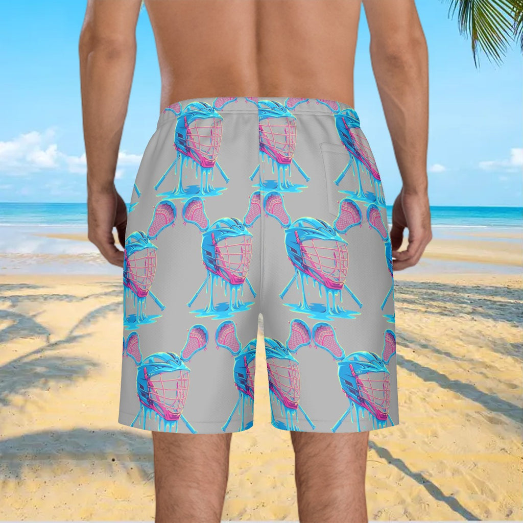 Men/Teen Swim Shorts - Lacrosse Helmet Sticks Grey