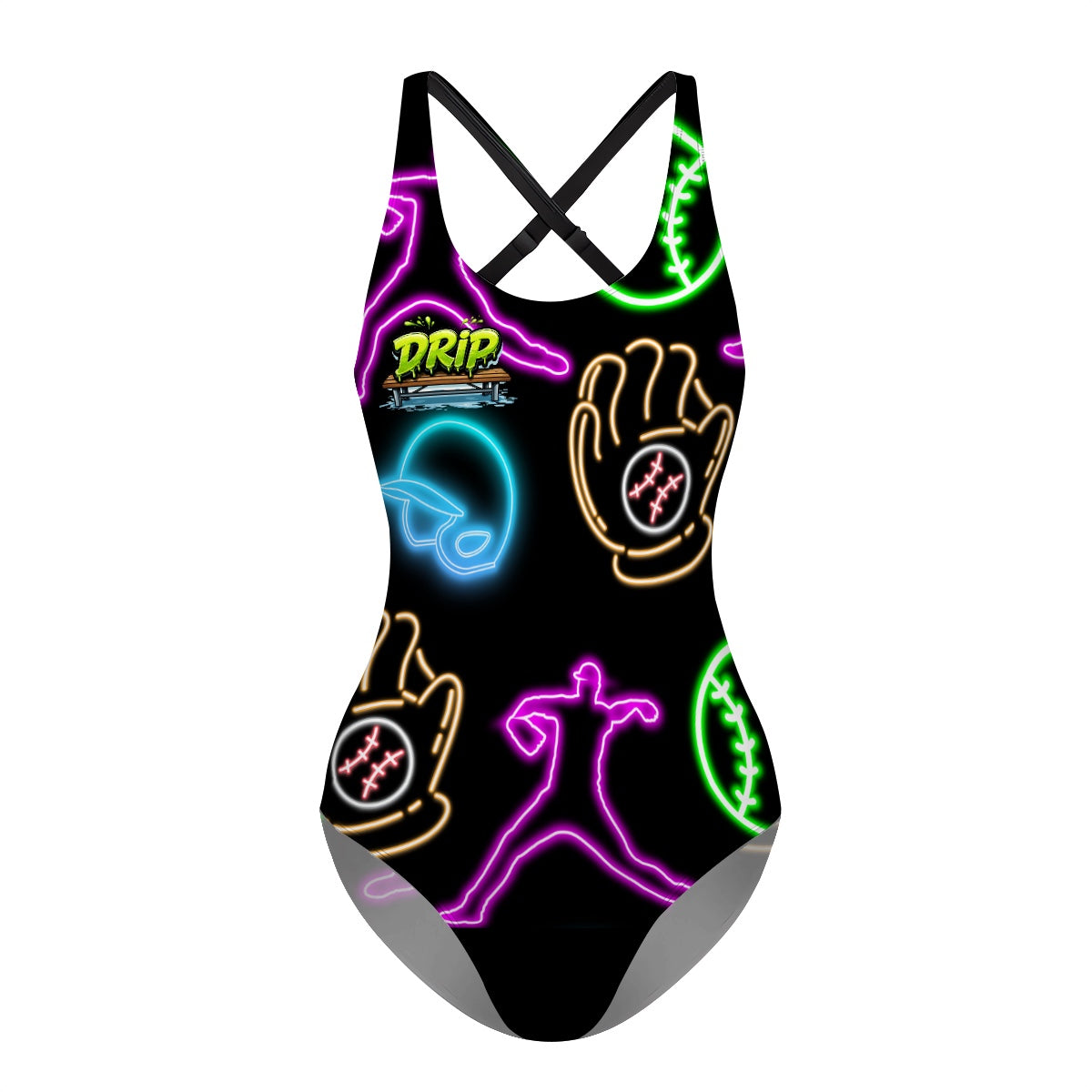 Cross-Back One Piece Swimsuit Women - Black Neon Lights