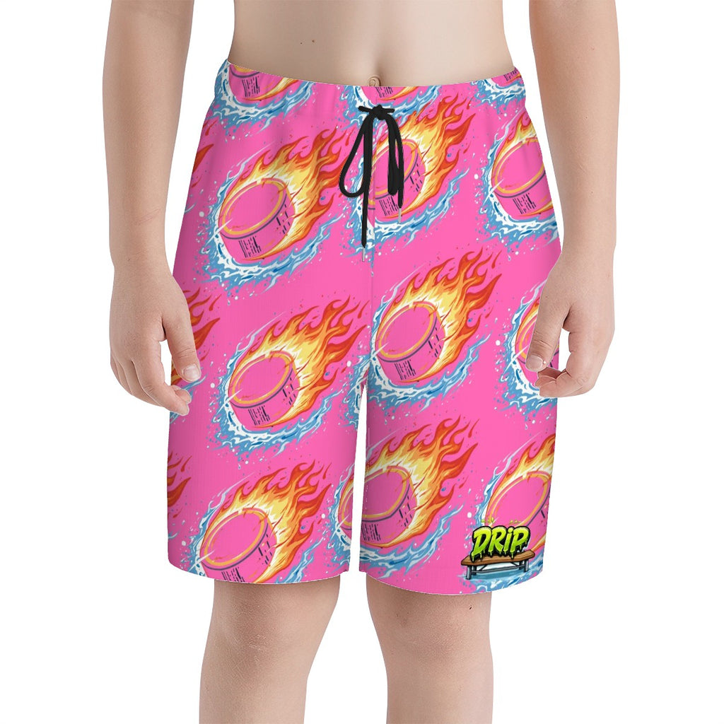 Youth Swim Shorts - Flamin Hockey Pucks Hot Pink