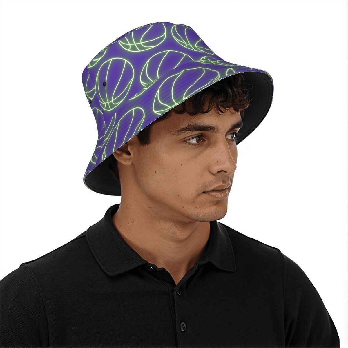 Drip Bucket Hat - Neon Green Basketballs Purple
