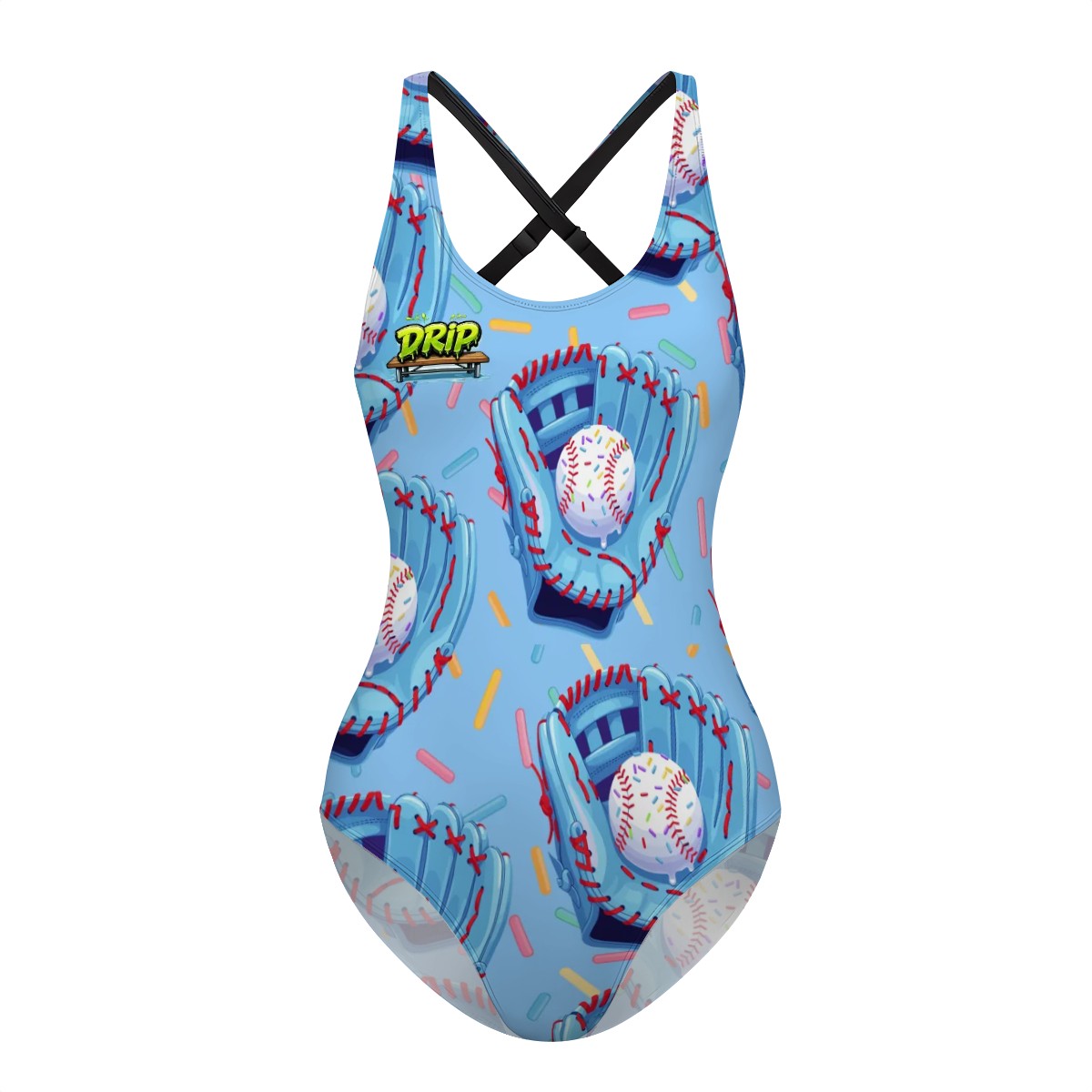 Cross-Back One Piece Swimsuit Women - Baseball Sprinkles Drip Ice Blue