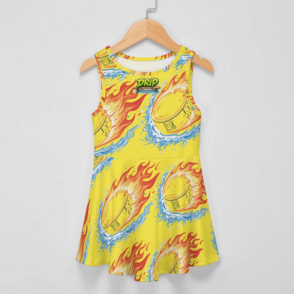 Girl's Game Day Dress - Flamin Hockey Pucks Yellow