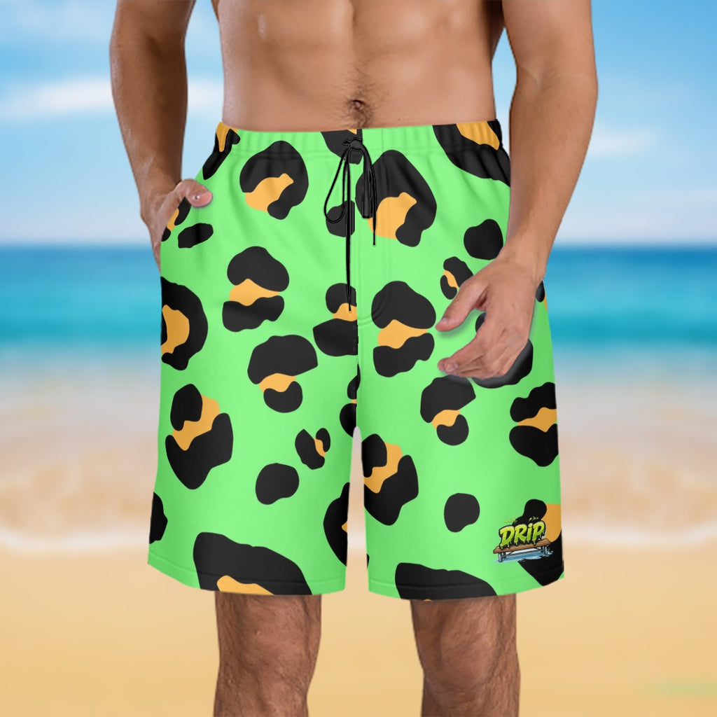 Men/Teen Swim Shorts - Drip Bench Leopard Hot Green
