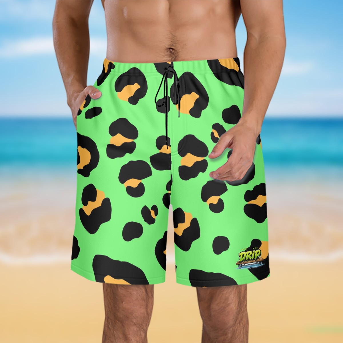 Men/Teen Swim Shorts - Drip Bench Leopard Hot Green