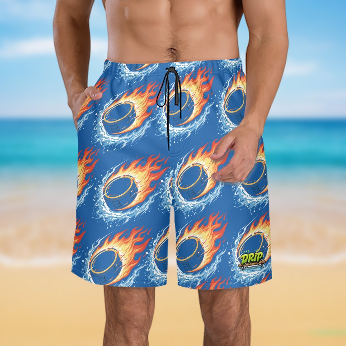 Men/Teen Swim Shorts - Flamin Hockey Pucks Dark Blue
