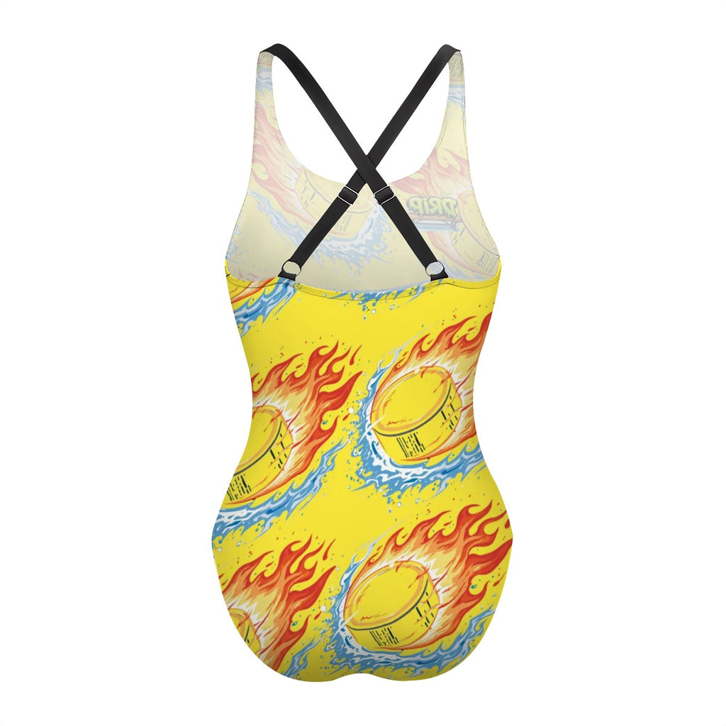 Cross-Back One Piece Swimsuit Women - Flamin Hockey Pucks Yellow