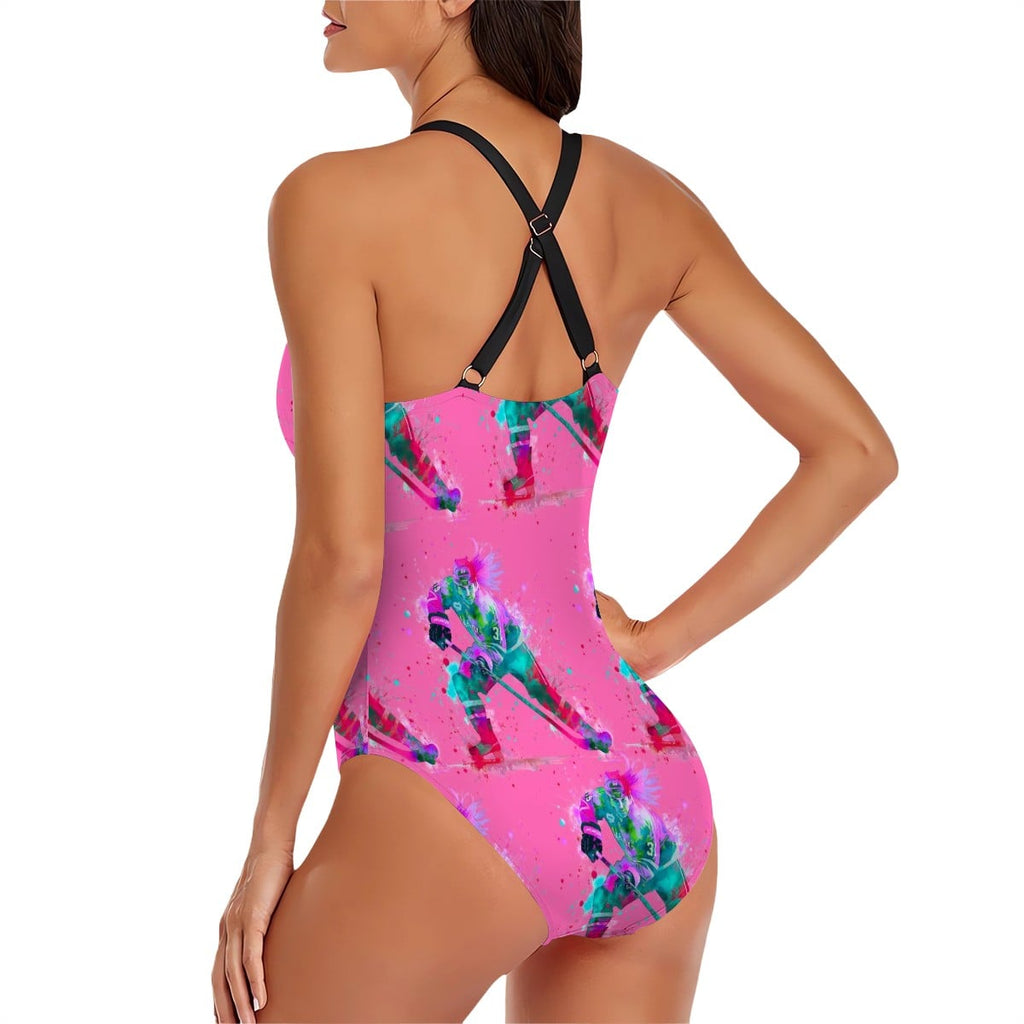 Cross-Back One Piece Swimsuit Women - Hockey Drip Flo Hot Pink